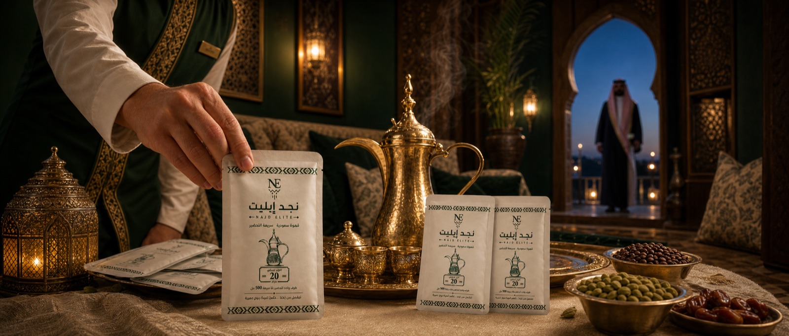 أظرف قهوة نجد إيليت السعودية خلال تقديم الضيافة في مجلس فندقي